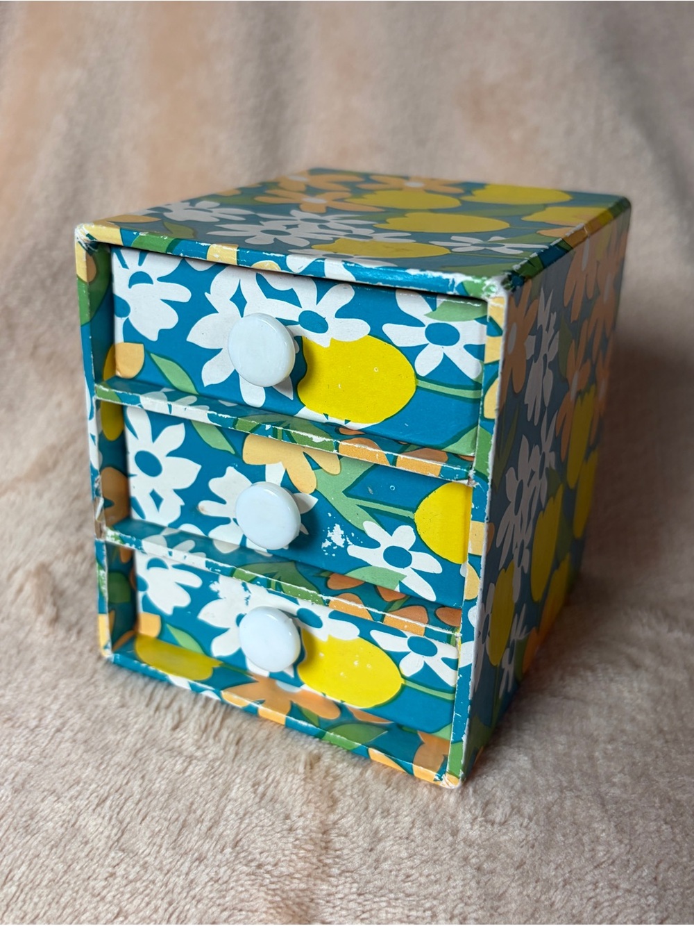 Decorative Floral Lemon 3-Drawer Organizer - Teal, Yellow & White